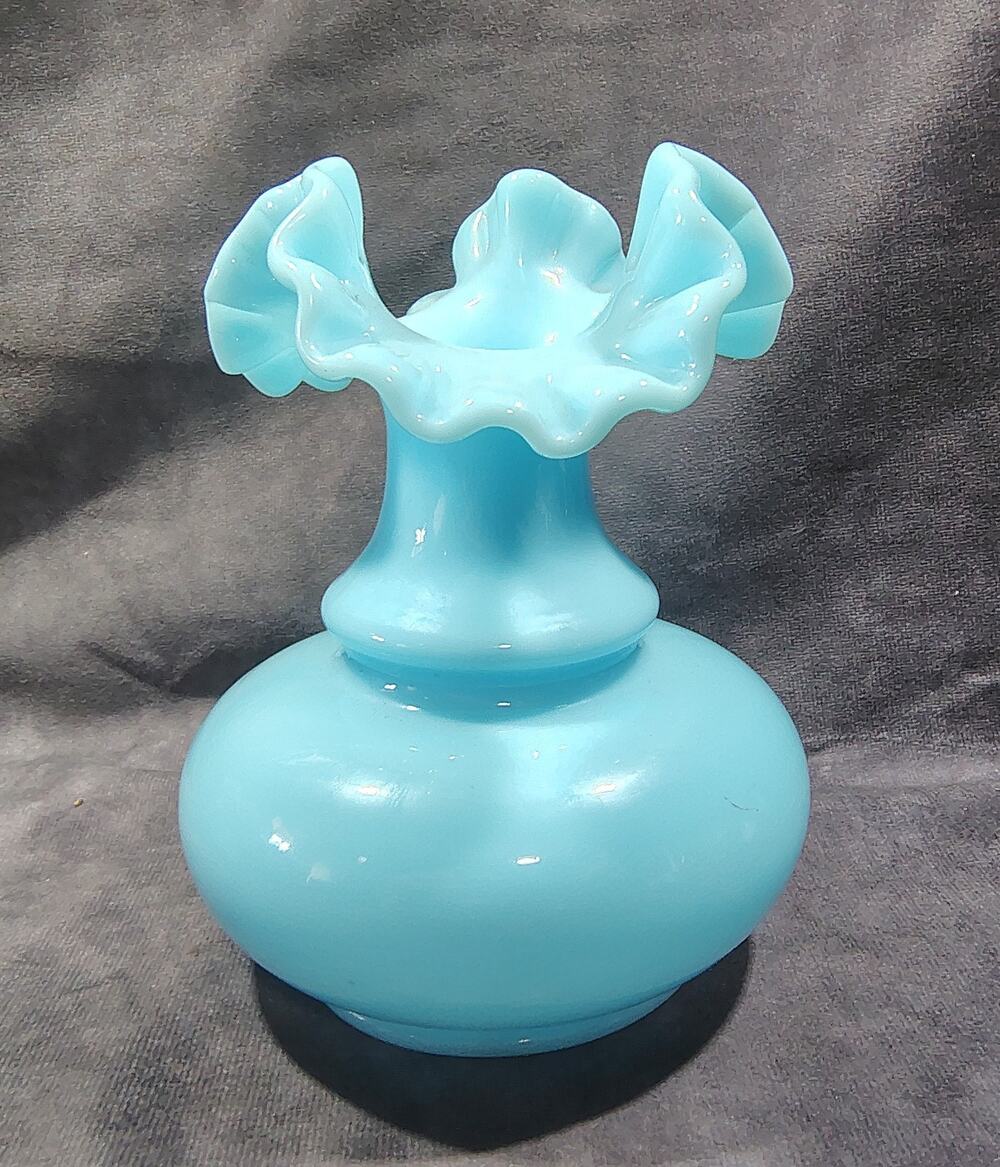 Vintage Fenton Art Glass Ruffled Edge Blue Vase